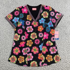 Ava Therese By Zavate Women's Scrub Top XS Colorful Floral Short Sleeve
